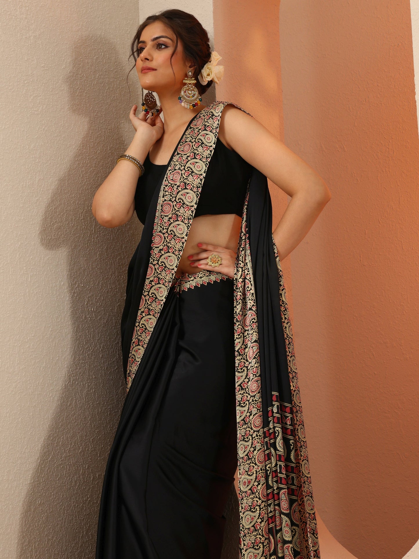 Black Solid Satin Saree With Unstitched Blouse Piece
