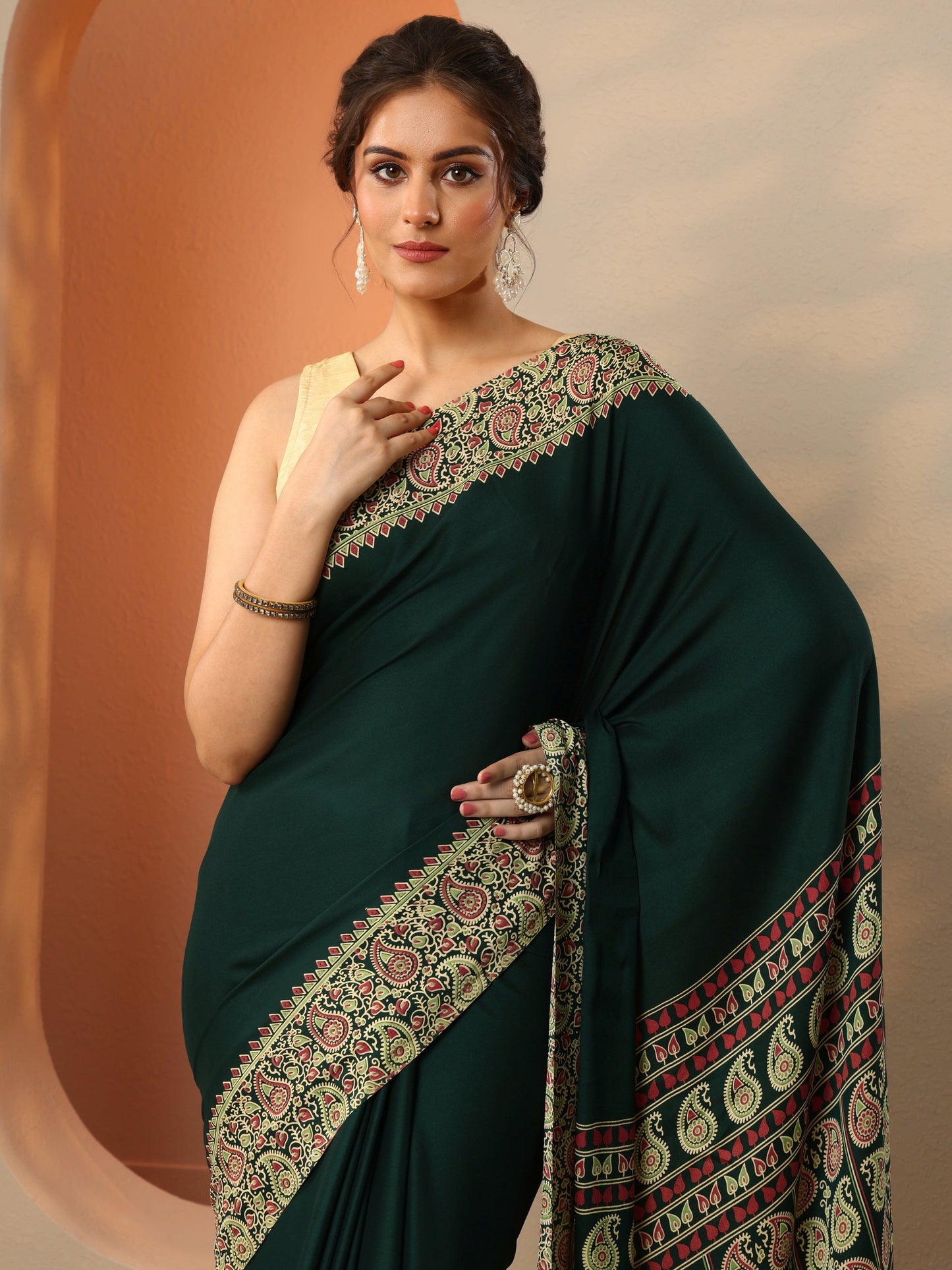 Green Solid Satin Saree With Unstitched Blouse Piece