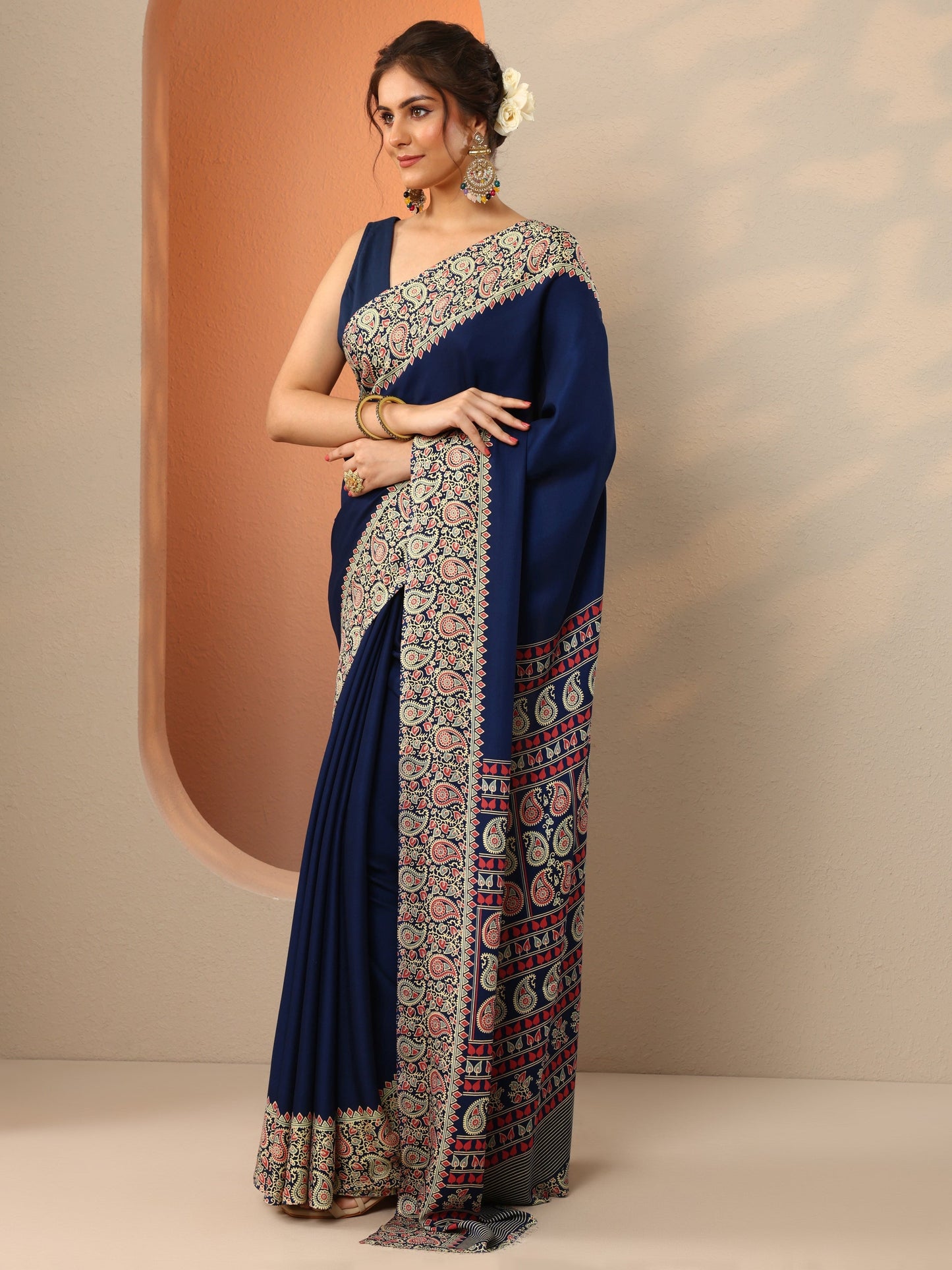 Navy Blue Solid Satin Saree With Unstitched Blouse Piece