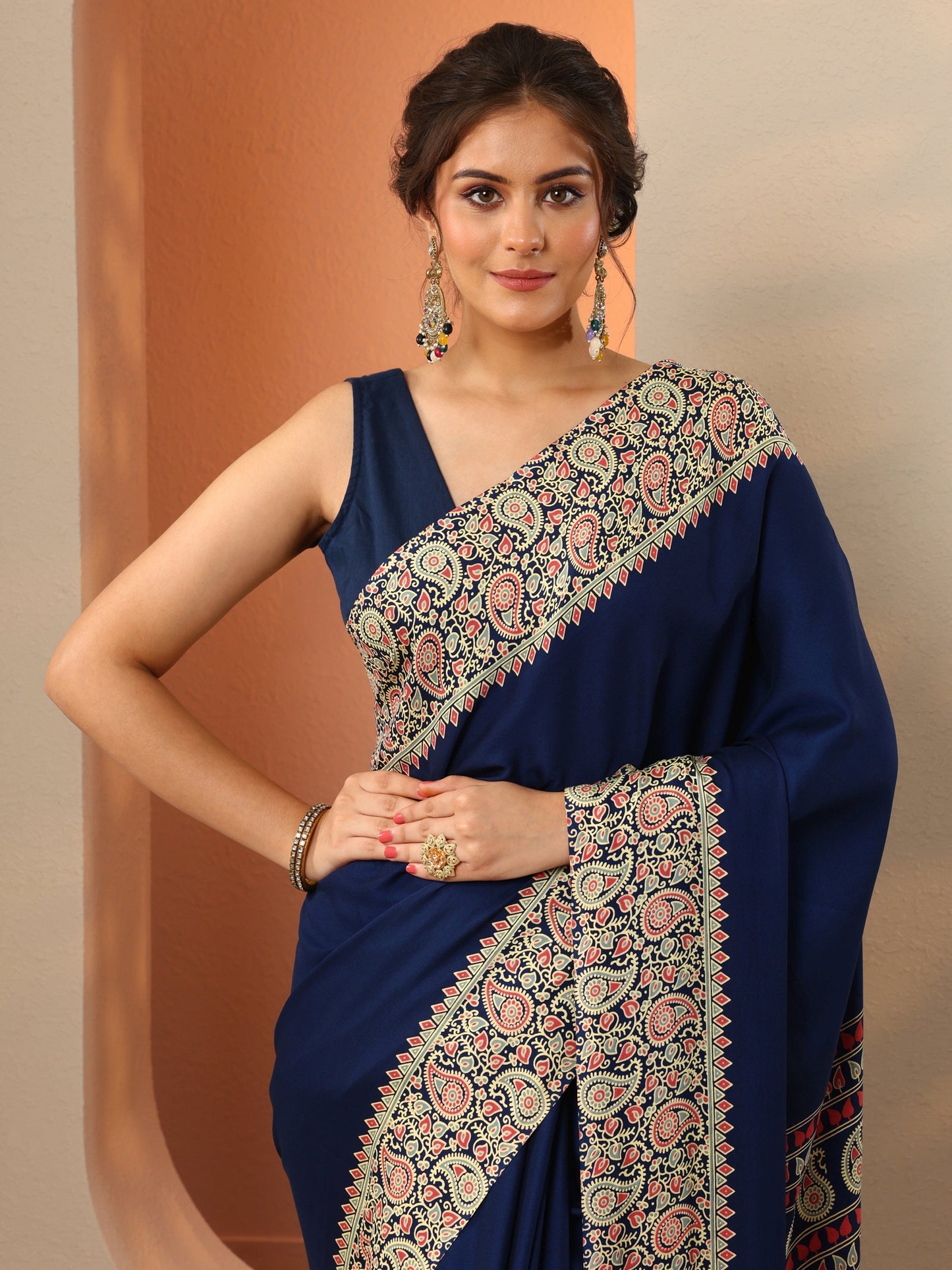 Navy Blue Solid Satin Saree With Unstitched Blouse Piece