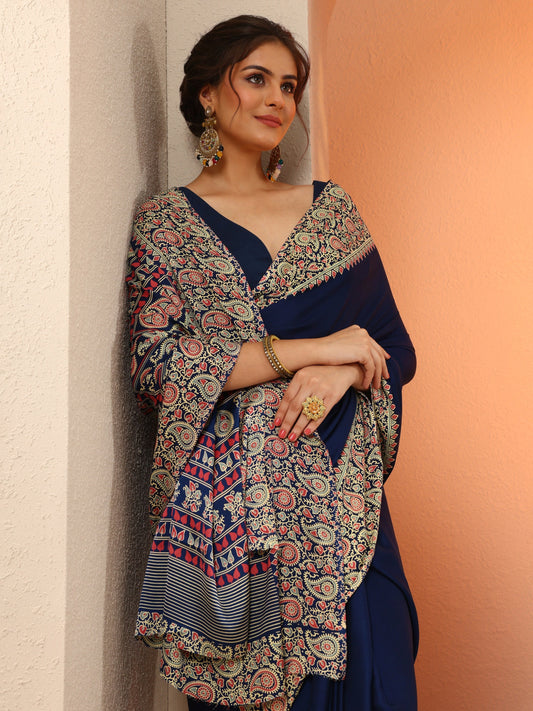 Navy Blue Solid Satin Saree With Unstitched Blouse Piece