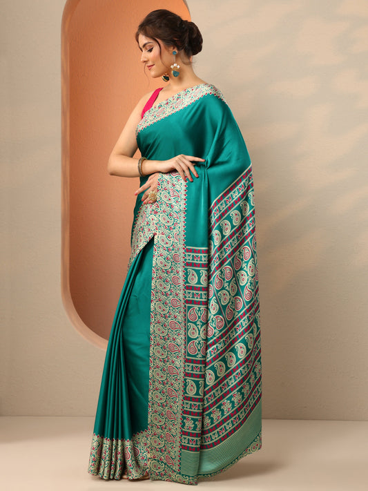 Green Solid Satin Saree With Unstitched Blouse Piece