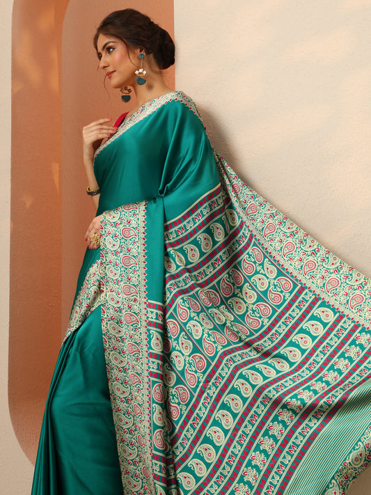 Green Solid Satin Saree With Unstitched Blouse Piece