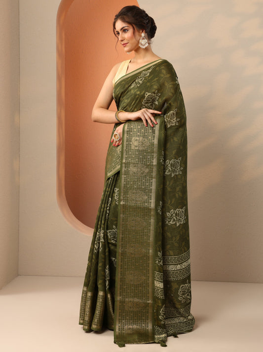 Green Printed Georgette Saree With Unstitched Blouse Piece
