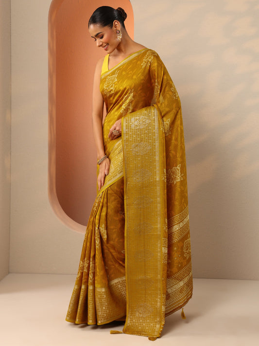 Mustard Printed Georgette Saree With Unstitched Blouse Piece