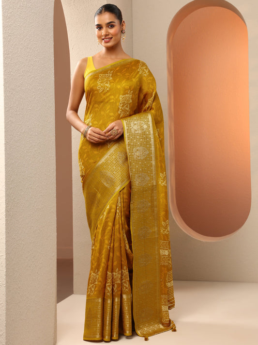 Mustard Printed Georgette Saree With Unstitched Blouse Piece