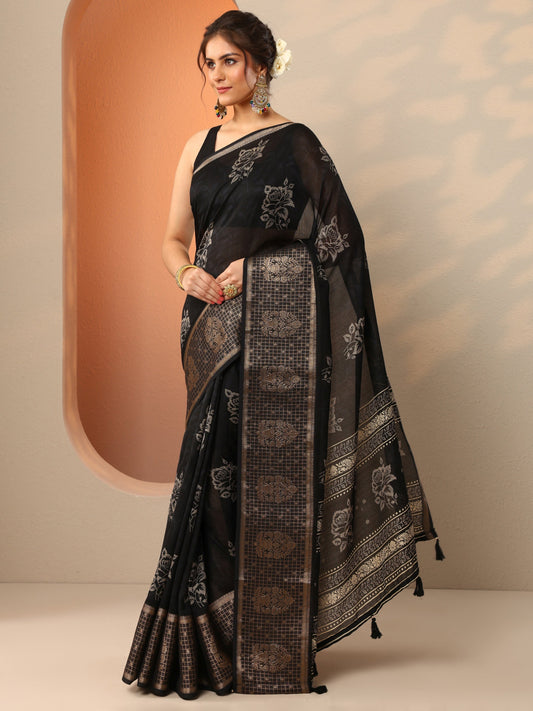 Black Printed Georgette Saree With Unstitched Blouse Piece