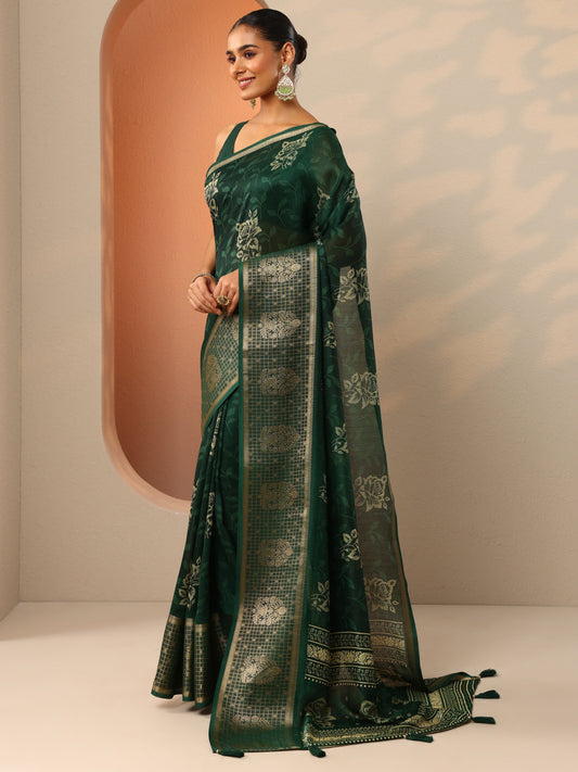 Green Printed Georgette Saree With Unstitched Blouse Piece