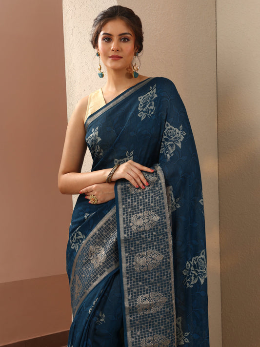 Blue Printed Georgette Saree With Unstitched Blouse Piece