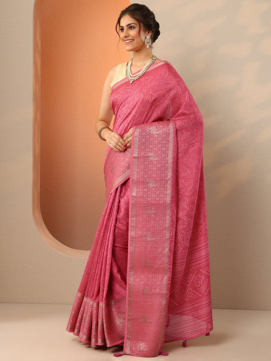 Peach Printed Georgette Saree With Unstitched Blouse Piece