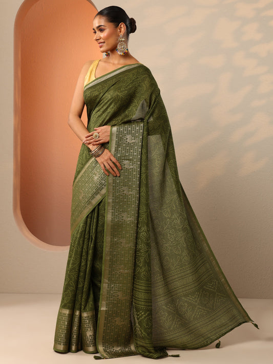 Green Printed Georgette Saree With Unstitched Blouse Piece