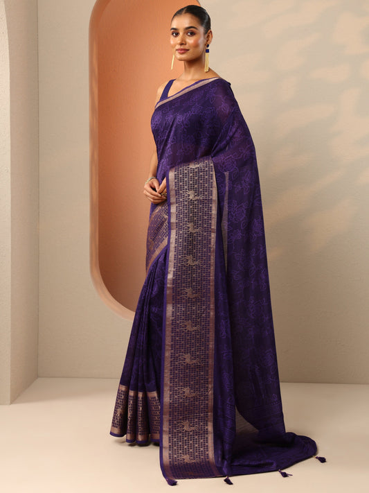 Purple Printed Georgette Saree With Unstitched Blouse Piece