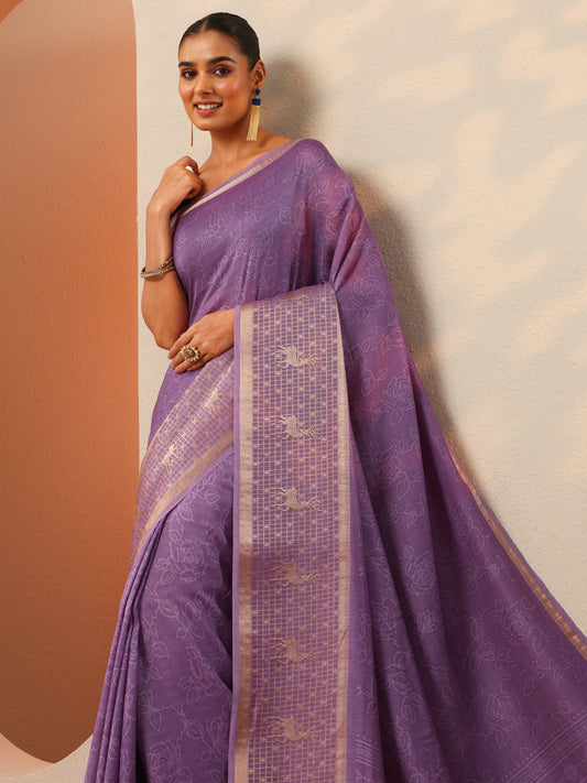 Lavender Printed Georgette Saree With Unstitched Blouse Piece