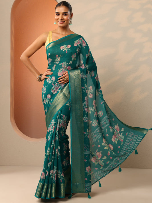 Green Printed Georgette Saree With Unstitched Blouse Piece