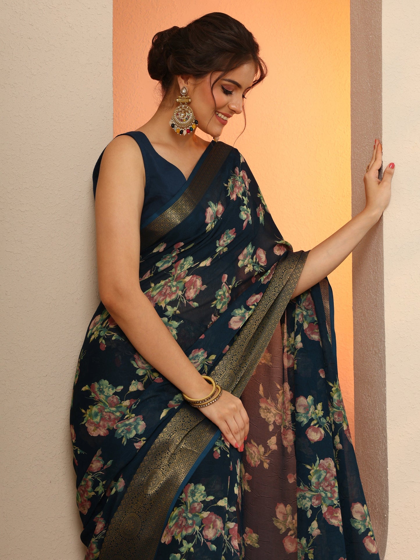 Navy Blue Printed Georgette Saree With Unstitched Blouse Piece