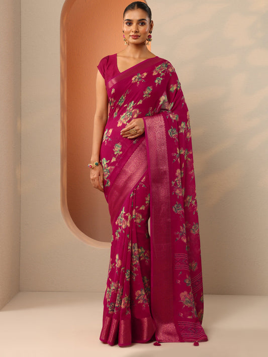 Pink Printed Georgette Saree With Unstitched Blouse Piece