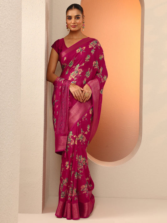 Pink Printed Georgette Saree With Unstitched Blouse Piece