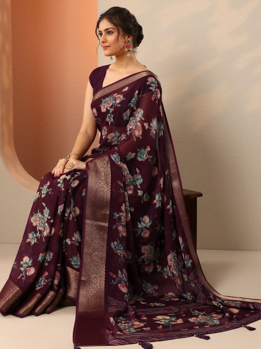 Burgundy Printed Georgette Saree With Unstitched Blouse Piece