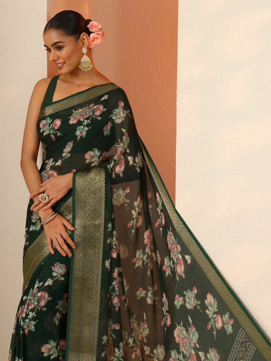 Green Printed Georgette Saree With Unstitched Blouse Piece