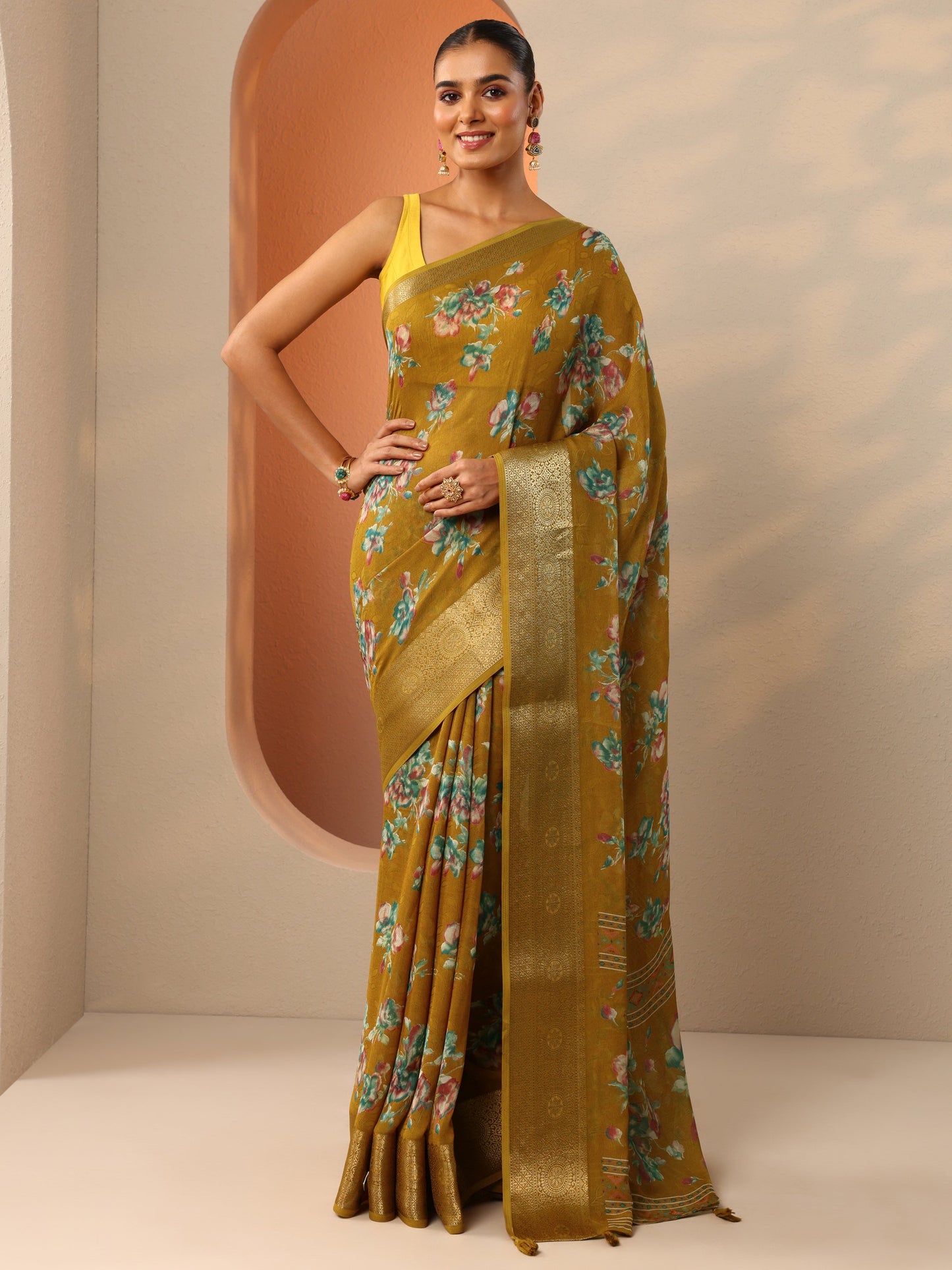 Mustard Printed Georgette Saree With Unstitched Blouse Piece