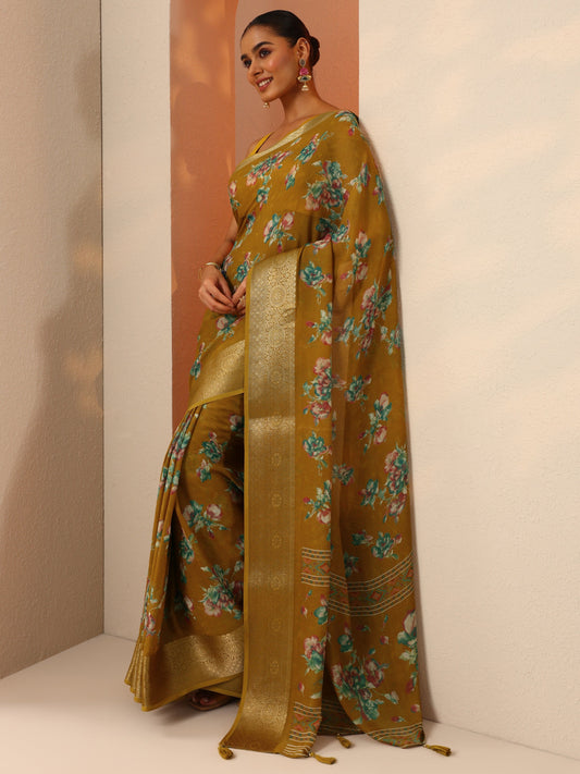 Mustard Printed Georgette Saree With Unstitched Blouse Piece