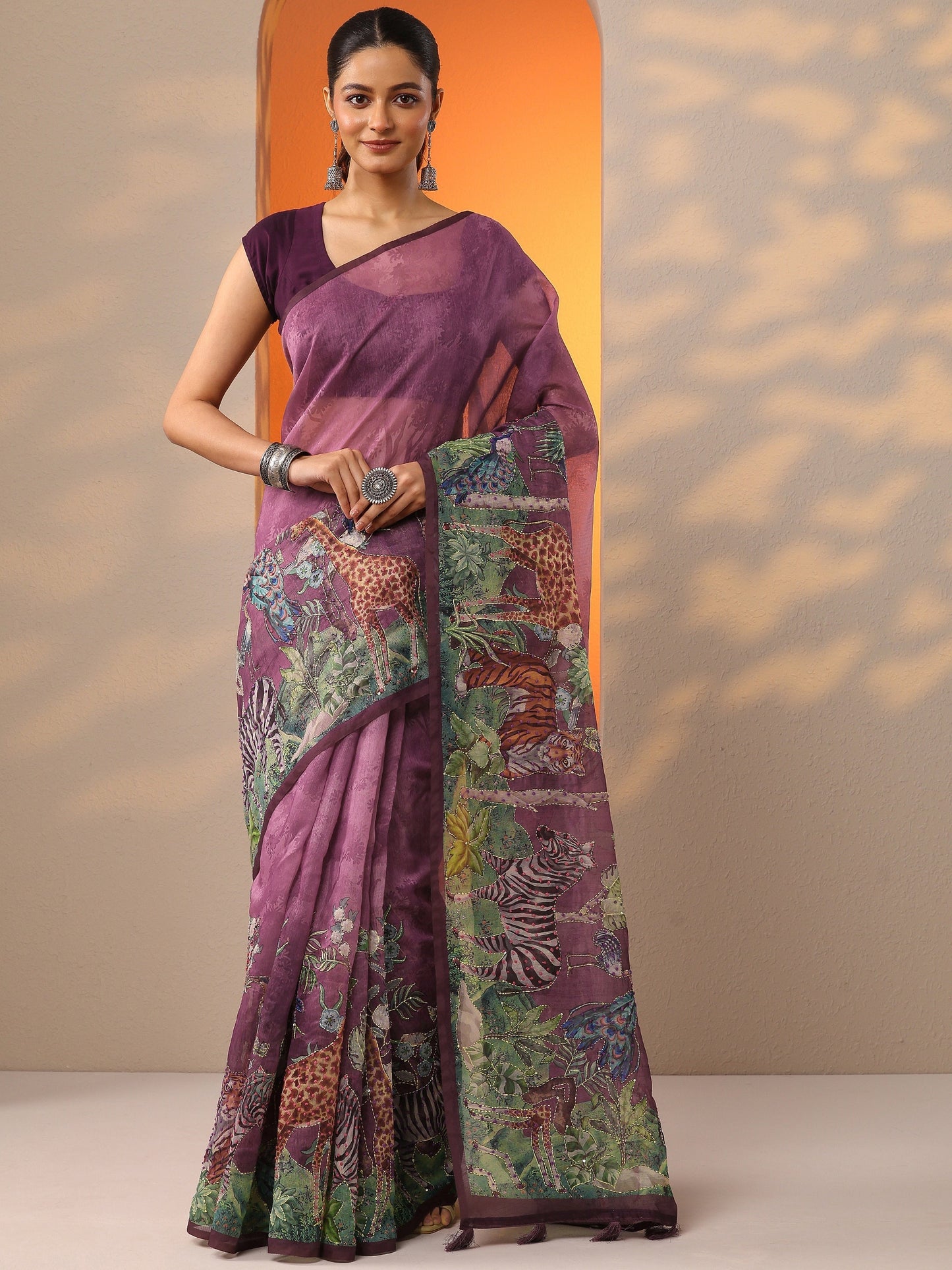 Mauve Printed Silk Blend Saree With Unstitched Blouse Piece