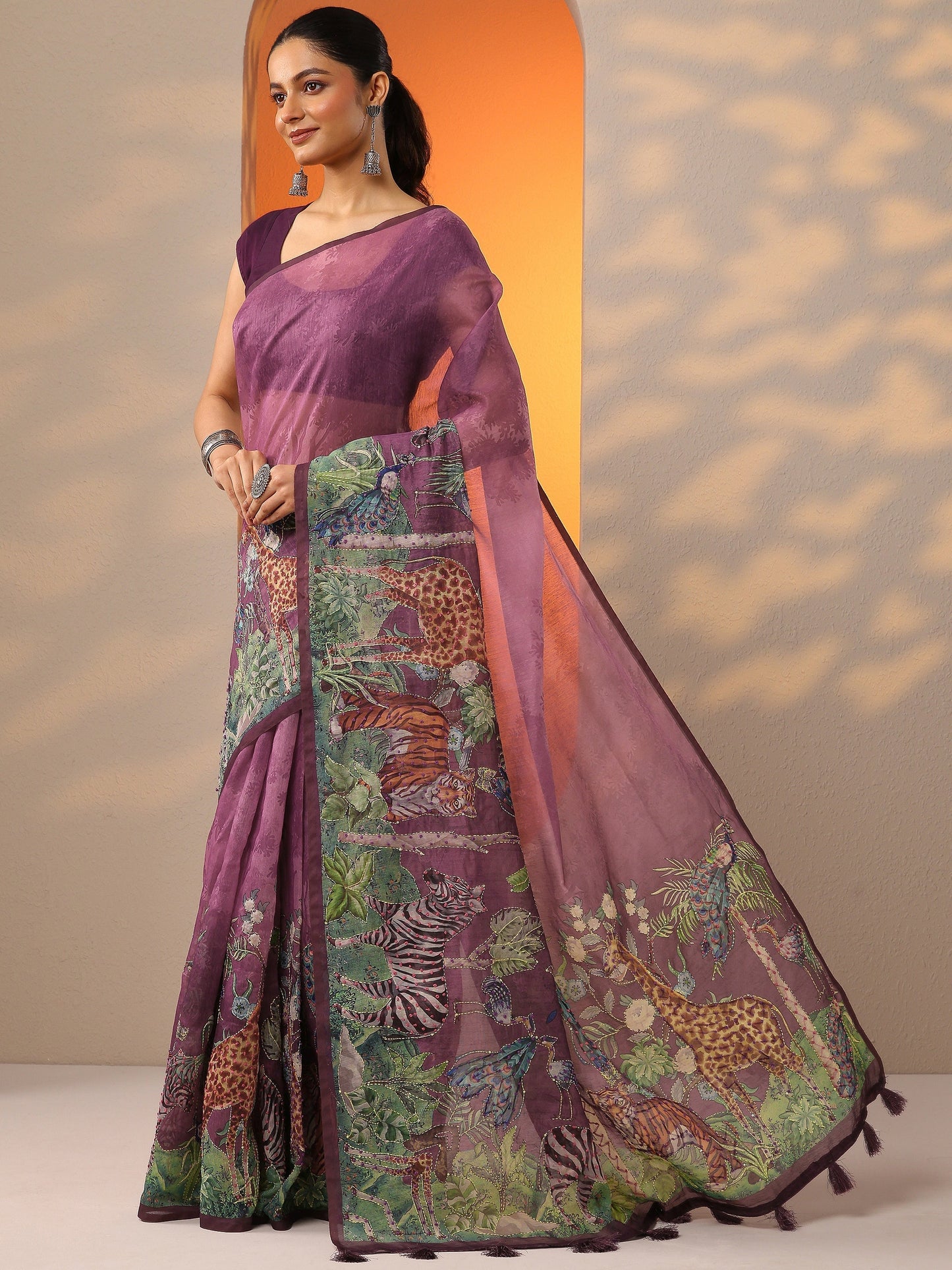 Mauve Printed Silk Blend Saree With Unstitched Blouse Piece