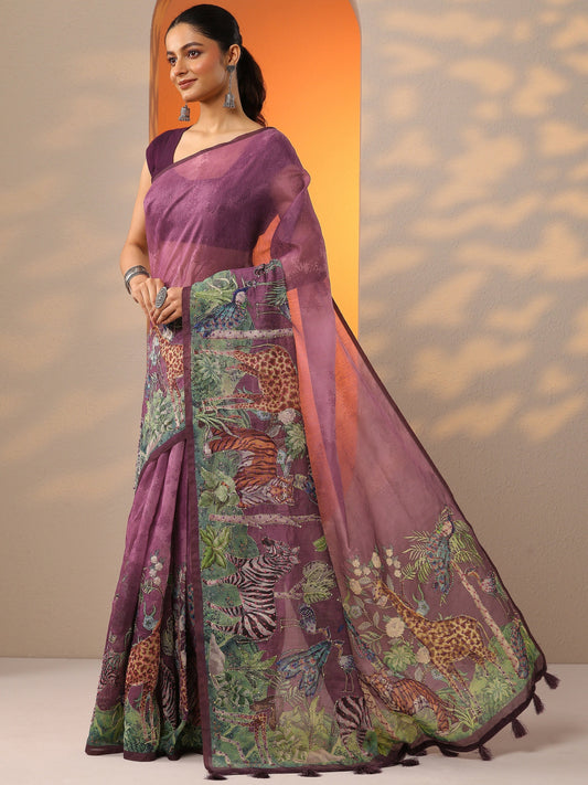 Mauve Printed Silk Blend Saree With Unstitched Blouse Piece