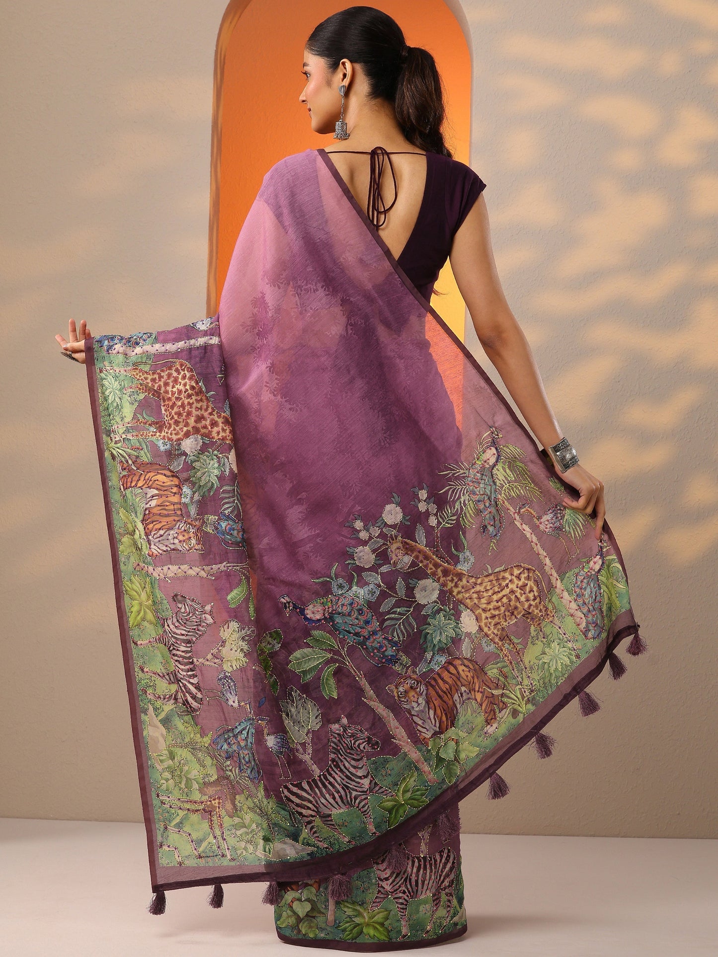 Mauve Printed Silk Blend Saree With Unstitched Blouse Piece