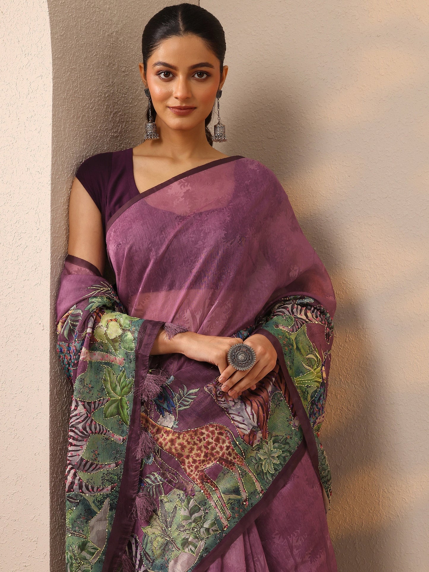 Mauve Printed Silk Blend Saree With Unstitched Blouse Piece