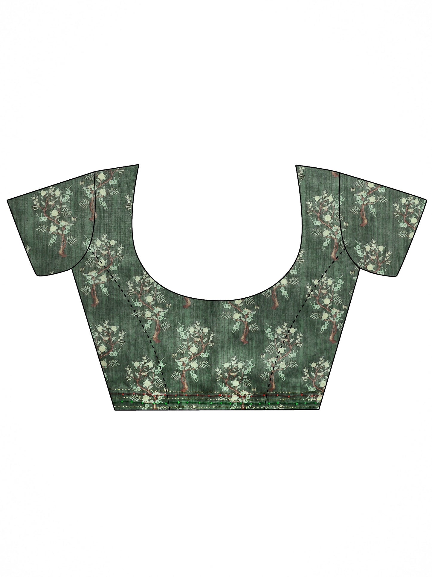 Green Printed Silk Blend Saree With Unstitched Blouse Piece