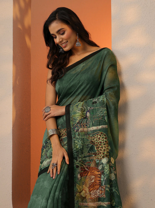 Green Printed Silk Blend Saree With Unstitched Blouse Piece