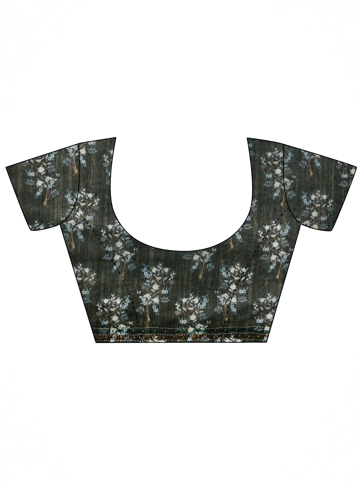 Olive Printed Silk Blend Saree With Unstitched Blouse Piece