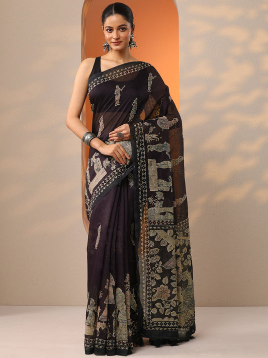 Burgundy Printed Silk Blend Saree With Unstitched Blouse Piece