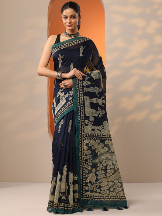 Navy Blue Pochampally Printed Silk Blend Saree With Unstitched Blouse Piece