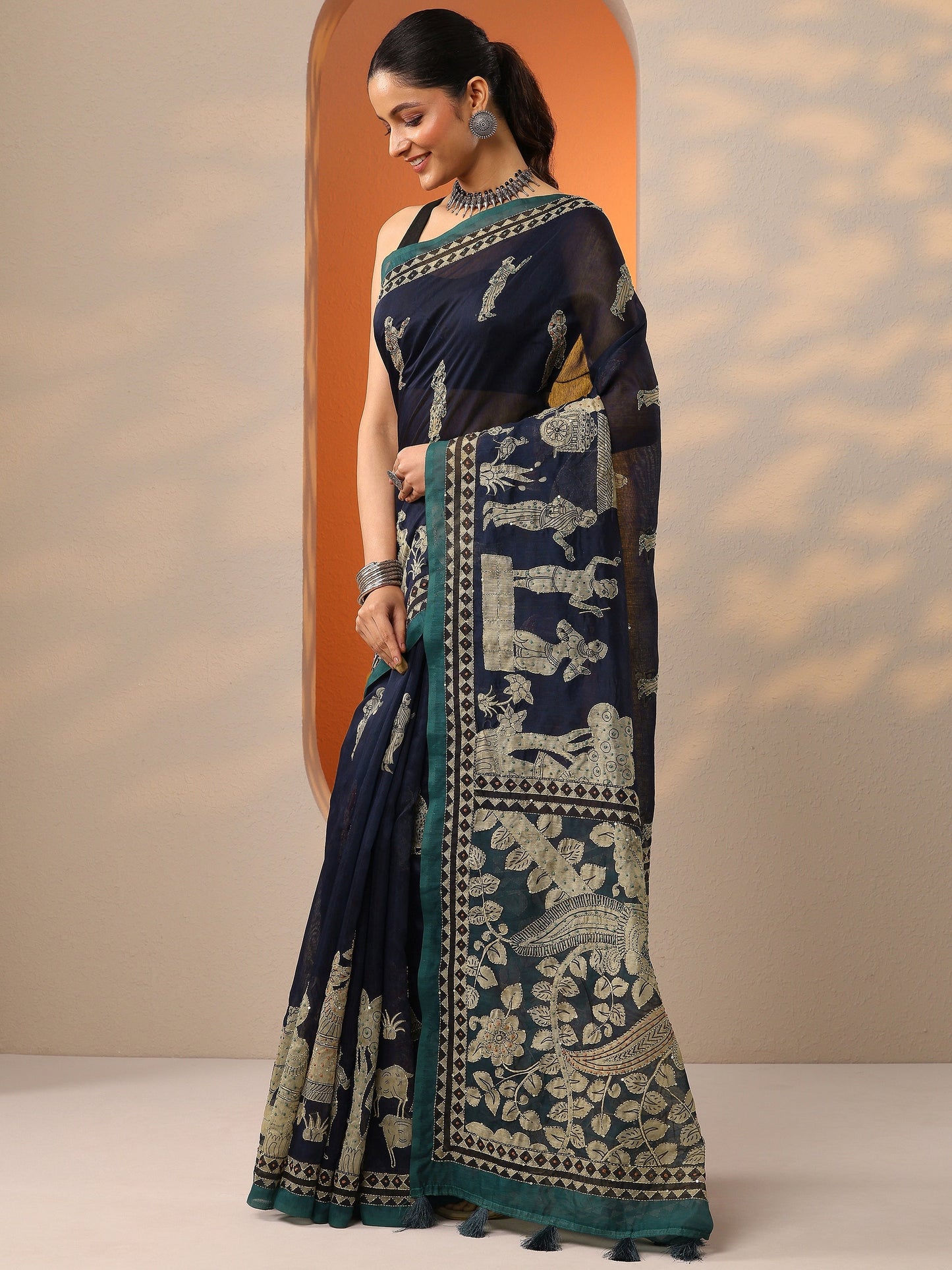 Navy Blue Pochampally Printed Silk Blend Saree With Unstitched Blouse Piece