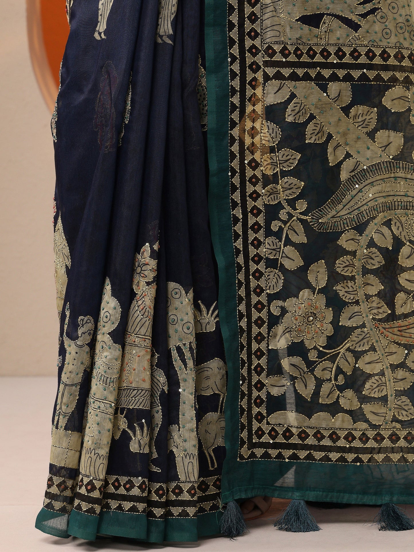Navy Blue Pochampally Printed Silk Blend Saree With Unstitched Blouse Piece
