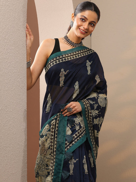 Navy Blue Pochampally Printed Silk Blend Saree With Unstitched Blouse Piece