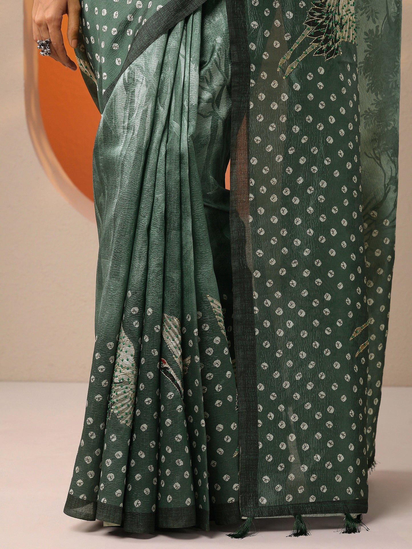 Green Printed Silk Blend Saree With Unstitched Blouse Piece