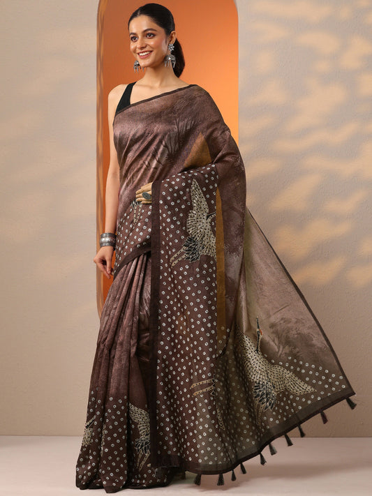Brown Printed Silk Blend Saree With Unstitched Blouse Piece