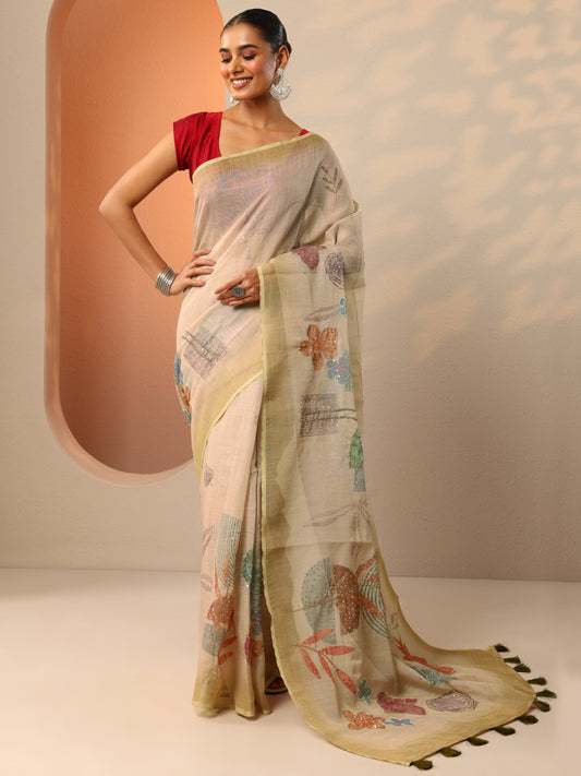 Beige Printed Silk Blend Saree With Unstitched Blouse Piece