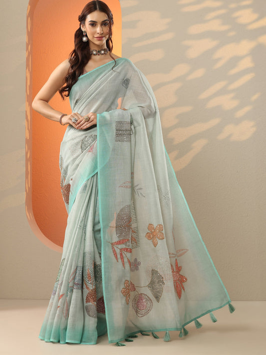 Blue Printed Silk Blend Saree With Unstitched Blouse Piece