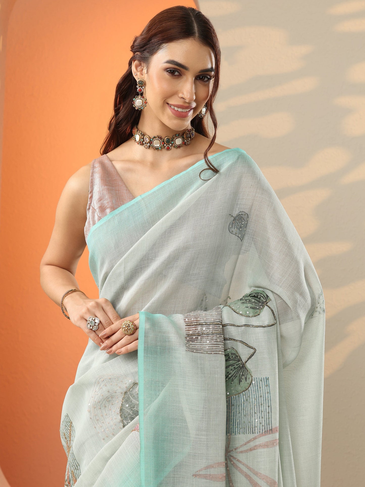 Blue Printed Silk Blend Saree With Unstitched Blouse Piece