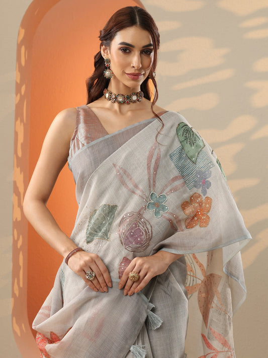 Grey Printed Silk Blend Saree With Unstitched Blouse Piece