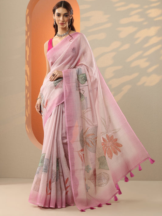 Pink Printed Silk Blend Saree With Unstitched Blouse Piece