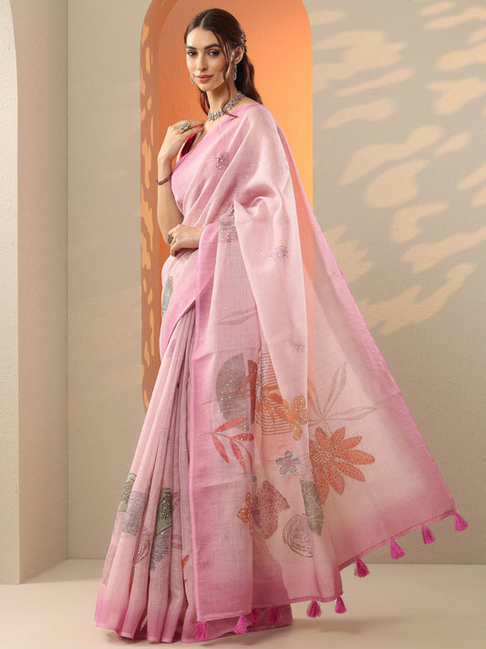 Pink Printed Silk Blend Saree With Unstitched Blouse Piece