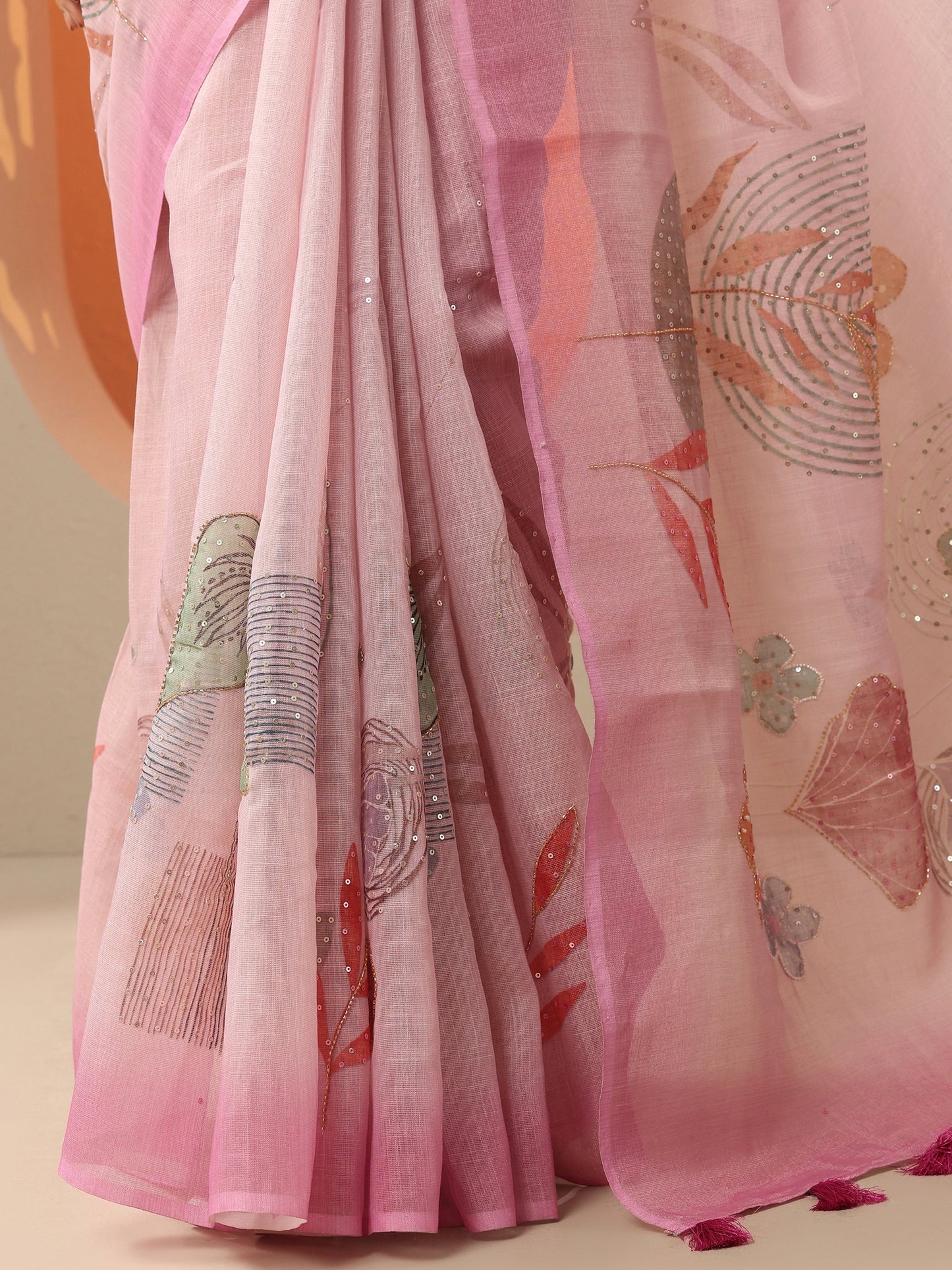 Pink Printed Silk Blend Saree With Unstitched Blouse Piece