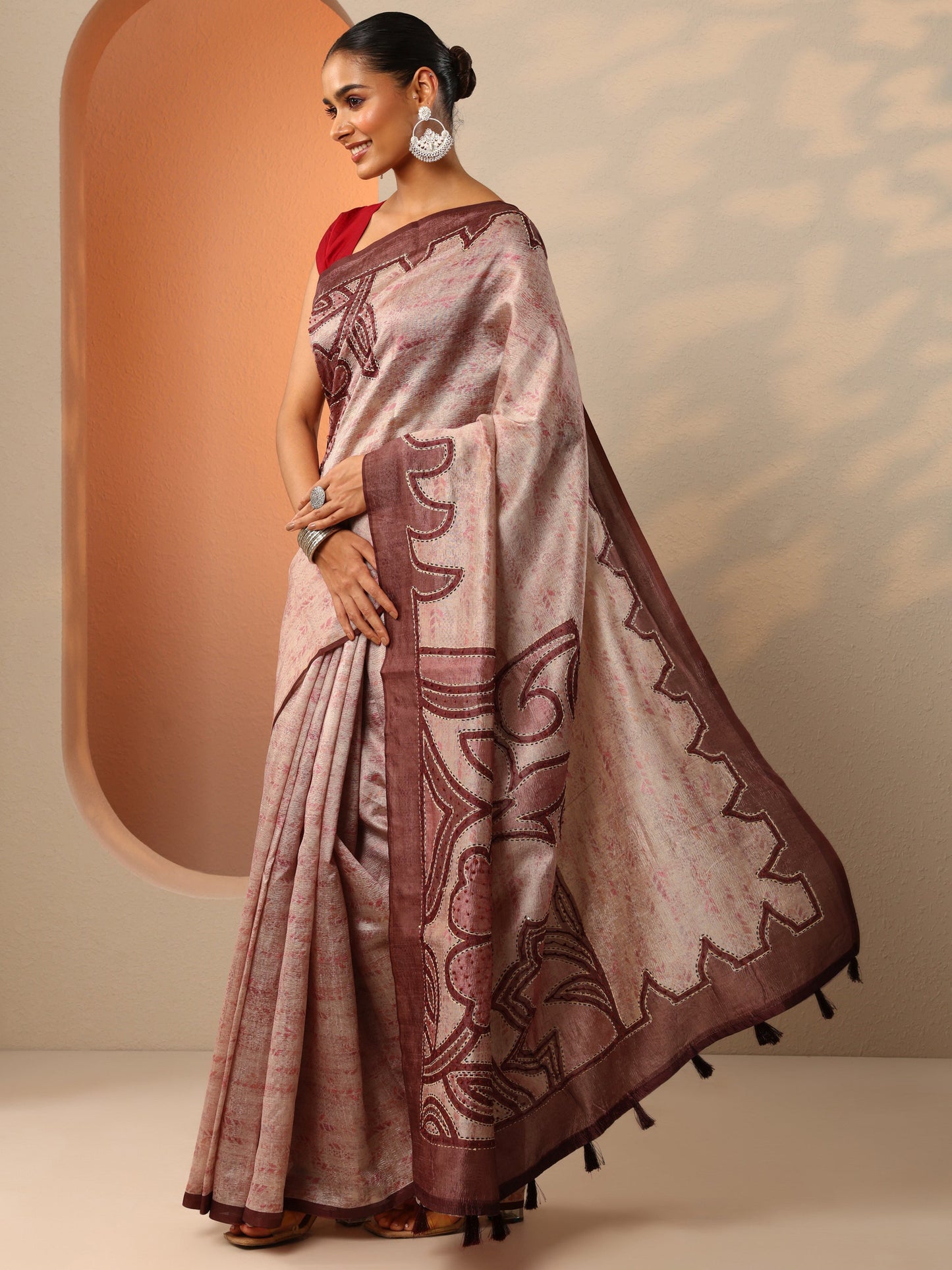 Brown Embellished Silk Blend Saree With Unstitched Blouse Piece