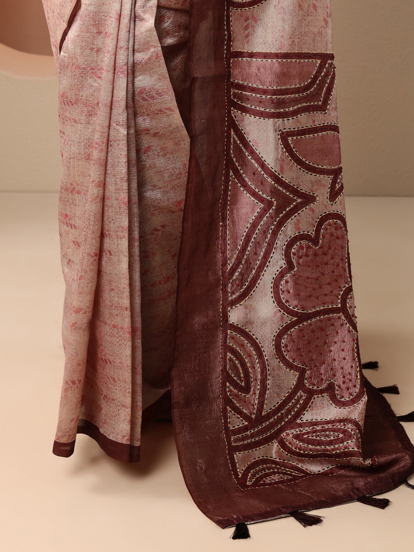 Brown Embellished Silk Blend Saree With Unstitched Blouse Piece