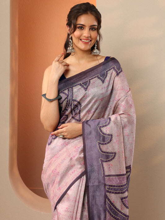 Lavender Embellished Silk Blend Saree With Unstitched Blouse Piece